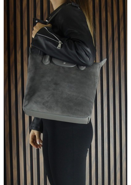 Gri Hakiki Dana Süet Fermuarlı Manyetik Kapaklı Büyük Boy Günlük Omuz Çantası