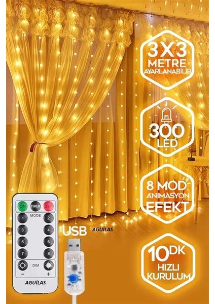 Perde LED 3x3 Metre Kumandalı 8 Mod Ambiyans Ayarlabilir Boy Dekor Mikro LED Işık
