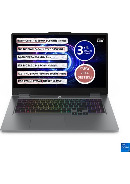 Loq 17IRX10 INTEL CORE I7-13650HX 24GB DDR5 1TB SSD 8 GB RTX 5050 17,3" 165 Hz Freedos 83JH006CTR Gaming Taşınabilir Bilgisayar
