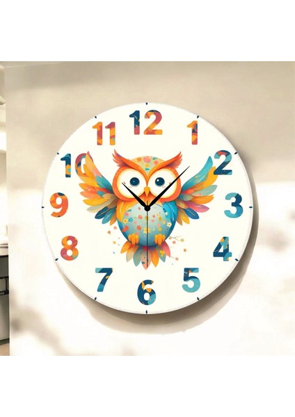 Baykuş Hayvan Renkli Baskı Desenli Sayılı Hediyelik Ahşap Sessiz Tablo Duvar Saati