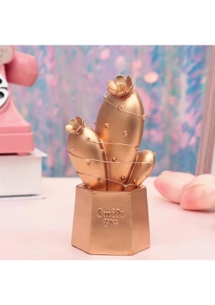 LED Işıklı Sevimli Kaktüs Dekoratif Masa Ası Mini Biblo Gece Ası Gold