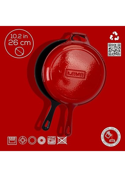 Döküm Combo Derin Tava / Saplı Tencere ve Kızartma Tavası, Metal Saplı Kapaklı, 26CM, Kırmızı fırsatları