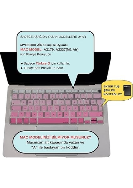 Macbook Air M1 13INÇ Klavye Koruyucu Türkçe Q (Touchıd'li) A2179 A2337 ile Uyumlu Gradient Pembe fiyatları