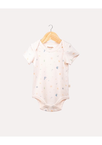 %100 Organik Pamuk Gots Sertifikalı Kısa Kollu Okyanus Desenli Bebek & Yenidoğan Body - Ekru