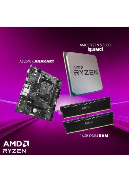 Oem Amd Ryzen 5 5600 Işlemci + A520M K Anakart + 16GB Ddr4 Ram Bundle