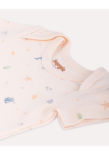 %100 Organik Pamuk Gots Sertifikalı Kısa Kollu Okyanus Desenli Bebek & Yenidoğan Body - Ekru
