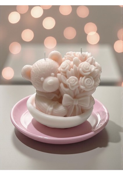 10 Adet Çiçek Buketi Tutan Ayıcık Bebek Pudrası Kokulu Mum