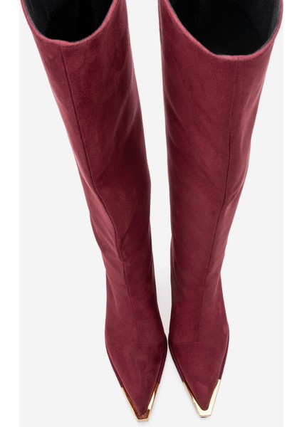 Lexa Bordo Süet Altın Detaylı Sivri Burunlu Kadın Topuklu Çizme fiyatları