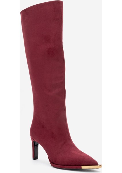 Lexa Bordo Süet Altın Detaylı Sivri Burunlu Kadın Topuklu Çizme modelleri