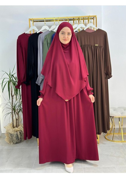 Ferace & Abaya Sufle Esarp ve Üsten Robalı Kemerli Elbise Takım .hac ve Umre Için Uygundur Bordo