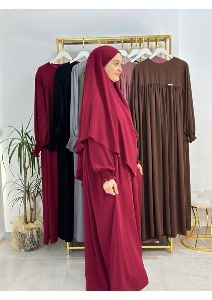 Ferace & Abaya Sufle Esarp ve Üsten Robalı Kemerli Elbise Takım .hac ve Umre Için Uygundur Bordo modelleri