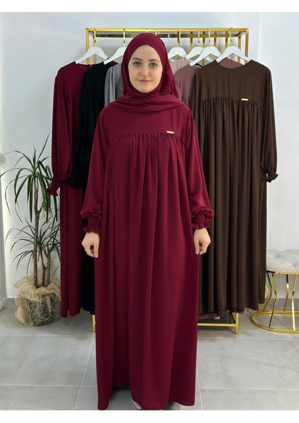 Ferace & Abaya Sufle Esarp ve Üsten Robalı Kemerli Elbise Takım .hac ve Umre Için Uygundur Bordo