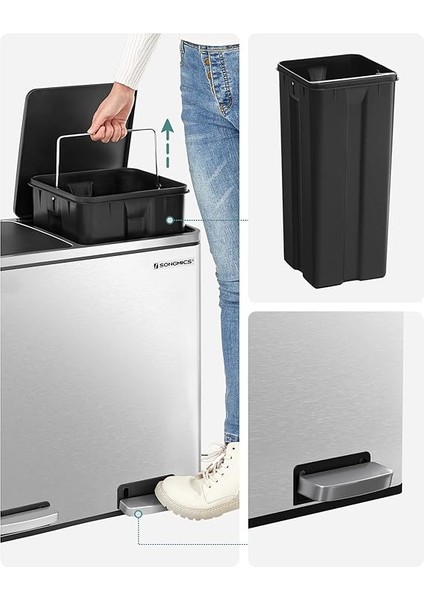 2 Bölmeli Atık Ayırma Sistemli Pedallı Çöp Kovası, Atık Kovası, Mutfak Için, 2 x 24 L, Yumuşak Kapanmalı, Plastik Iç Kova, Pedallı ve Kulplu, Gümüş Rengi, LTB48NL fırsatları