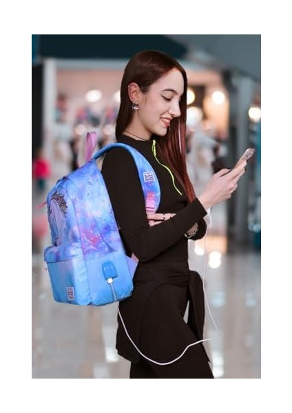 Mavi Yeşil Desenli Sırt Çantası - Okul ve Günlük - Usb+Aux Soketli modelleri