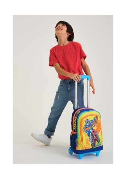 Işıklı Tekerlekli Motorsiklet Çekçek Okul ve Seyahat Çantası Erkek Çocuk Lacivert Sarı modelleri