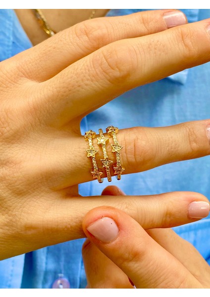 Zirkon Taşlı Altın Renk Yıldız Model Ayarlanabilir Yüzük