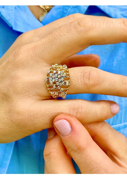 Altın Renk Zirkon Taşlı Ayarlanabilir Ayarlanabilir Kafes Yüzük