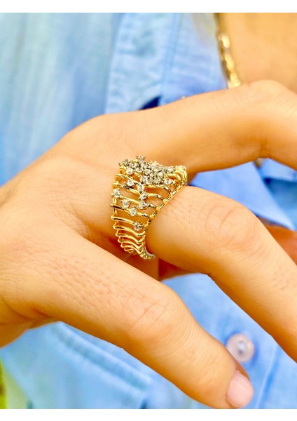 Altın Renk Zirkon Taşlı Ayarlanabilir Ayarlanabilir Kafes Yüzük fiyatları