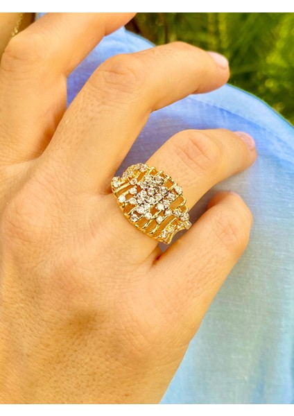 Altın Renk Zirkon Taşlı Ayarlanabilir Ayarlanabilir Kafes Yüzük fırsatları