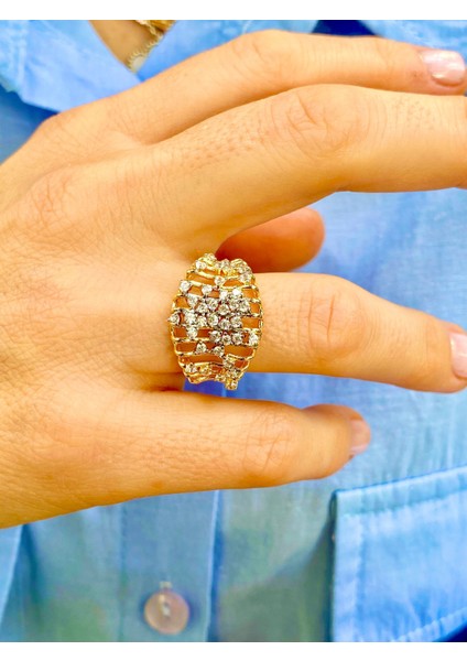 Altın Renk Zirkon Taşlı Ayarlanabilir Ayarlanabilir Kafes Yüzük indirimleri