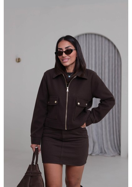 Zr Cepli Kısa Bomber Kahverengi Kaşe Ceket