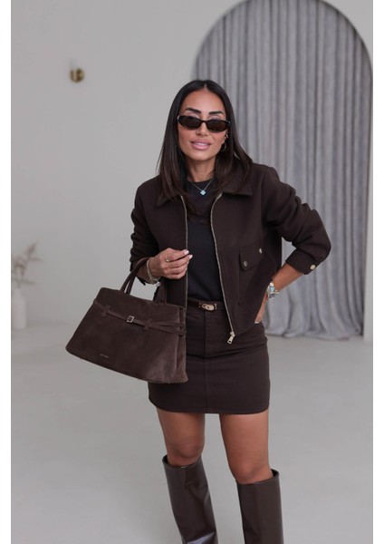 Zr Cepli Kısa Bomber Kahverengi Kaşe Ceket modelleri