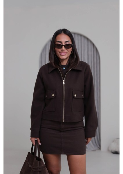 Zr Cepli Kısa Bomber Kahverengi Kaşe Ceket