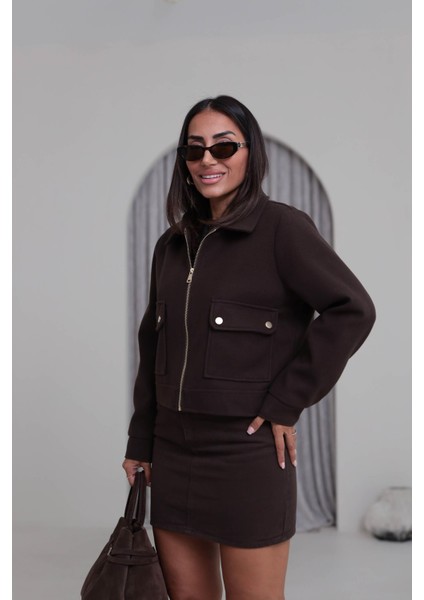 Zr Cepli Kısa Bomber Kahverengi Kaşe Ceket