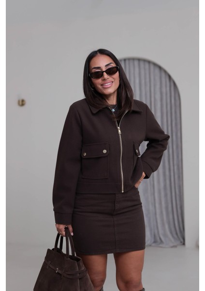 Zr Cepli Kısa Bomber Kahverengi Kaşe Ceket