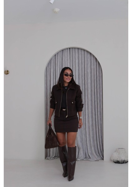 Zr Cepli Kısa Bomber Kahverengi Kaşe Ceket