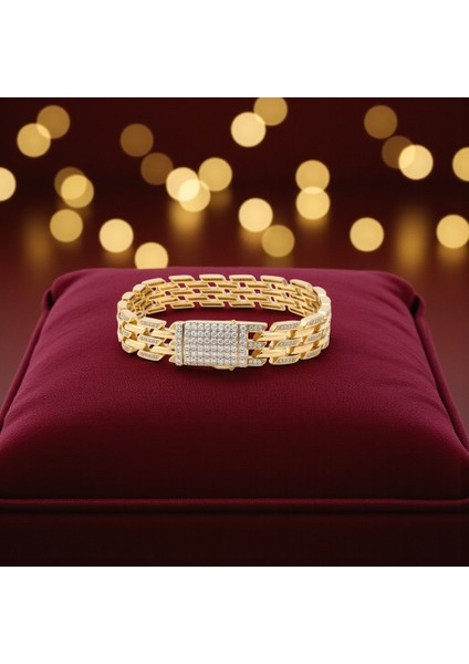 14 Ayar Altın Kaplama, Hasır Orta ve Kenarları Zirkon Taşlı Çelik Bileklik