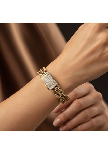14 Ayar Altın Kaplama, Hasır Orta ve Kenarları Zirkon Taşlı Çelik Bileklik fiyatları
