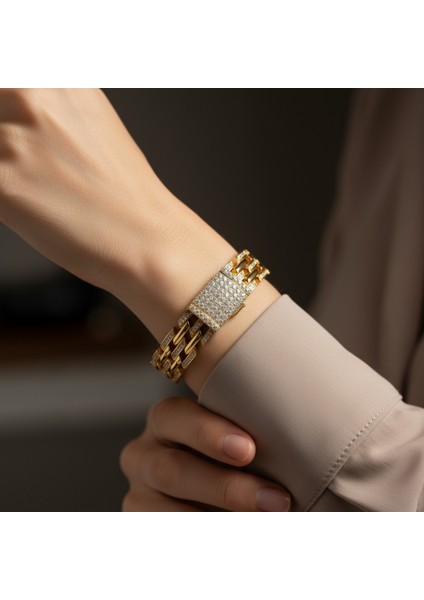14 Ayar Altın Kaplama, Hasır Orta ve Kenarları Zirkon Taşlı Çelik Bileklik modelleri