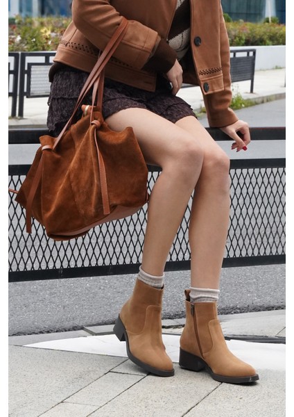 Kadın Fermuarlı Topuklu Günlük Bot Gontre Taba Süet fiyatları