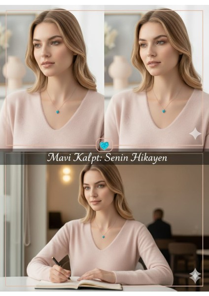 925 Ayar Papatya Silver Mavi Opal Taşlı Kalp Kolye.rose.gold.rodaj