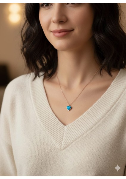 925 Ayar Papatya Silver Mavi Opal Taşlı Kalp Kolye.rose.gold.rodaj fiyatları
