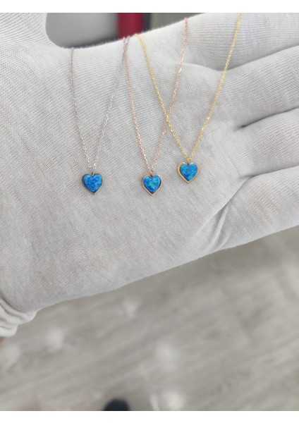 925 Ayar Papatya Silver Mavi Opal Taşlı Kalp Kolye.rose.gold.rodaj modelleri
