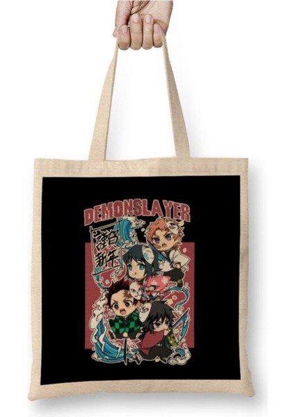 All Chibi Demon Slayer Bez Çanta Uzun Saplı Alışveriş Çantası Plaj Çantası