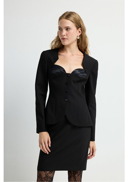 Kalp Yaka Blazer Ceket Siyah 11944617002