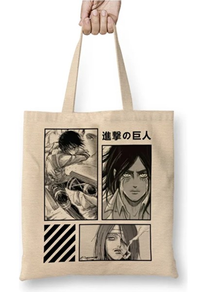 Mikasa And Eren Jager Attack On Titan Bez Çanta Uzun Saplı Alışveriş Çantası Plaj Çantası