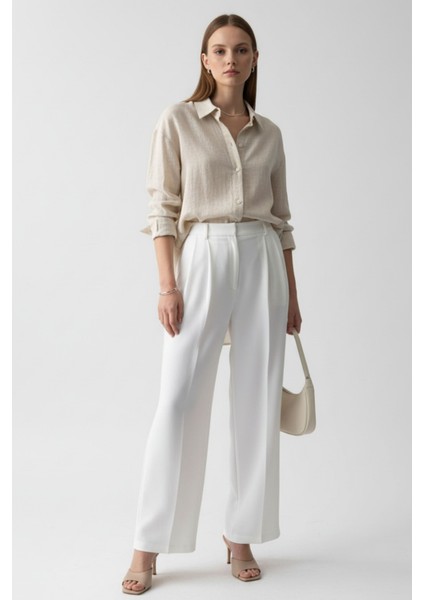 Kadın Bej Keten Klasik Regular Fit Gömlek Yaka Düğmeli Uzun Kollu Zarif Şık Gömlek – Kadın Gömlek