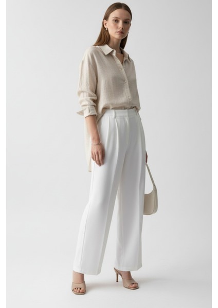 Kadın Bej Keten Klasik Regular Fit Gömlek Yaka Düğmeli Uzun Kollu Zarif Şık Gömlek – Kadın Gömlek modelleri