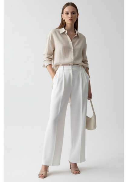 Kadın Bej Keten Klasik Regular Fit Gömlek Yaka Düğmeli Uzun Kollu Zarif Şık Gömlek – Kadın Gömlek