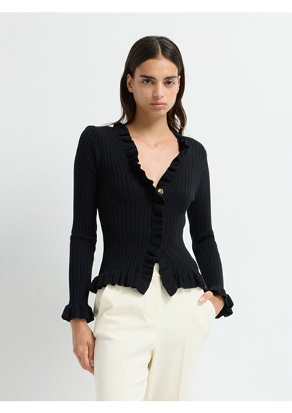 Volanlı Triko Hırka Siyah 13443026002