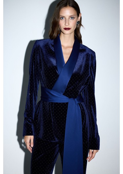 Yakası Saten Kadife Ceket Lacivert 11928579003