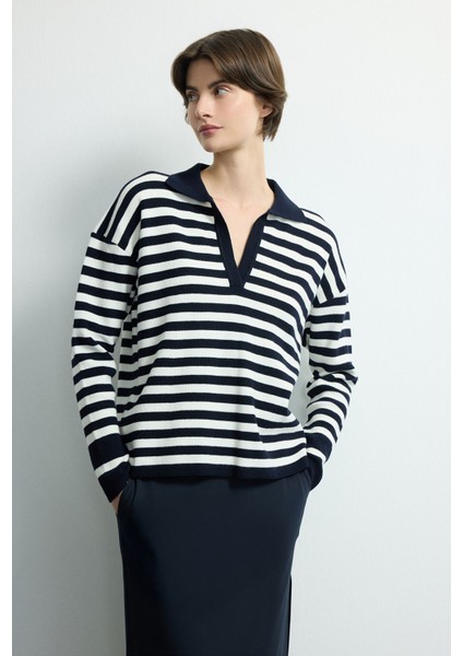 Çizgili Polo Yaka Triko Kazak C.lacivert 139M2269000 fırsatları