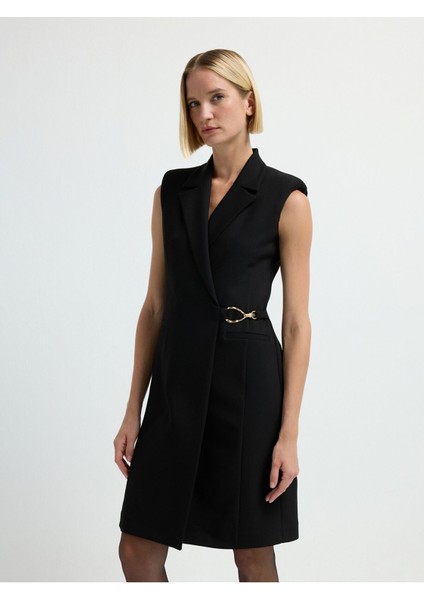 V Yaka Ceket Elbise Siyah 12441691003