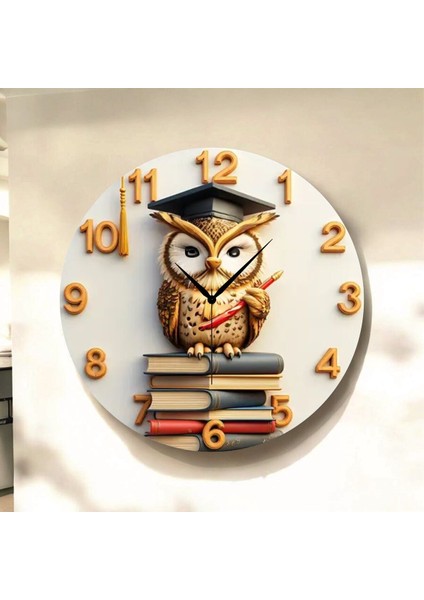 Baykuş Kütüphane Kitap Renkli Baskı Desenli Sayılı Hediyelik Ahşap Sessiz Tablo Duvar Saati