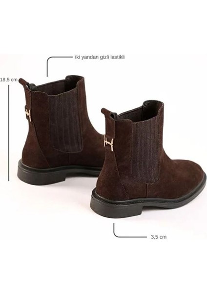 Kahve Süet Hakiki Deri Iki Yandan Lastikli Gold Aksesuarlı Kadın Chelsea Bot