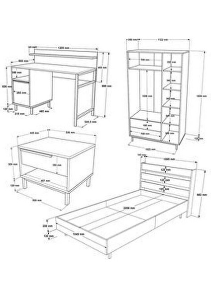 Ocean Genç Odası Takımı Modern Tasarım 4 Parça Jüt Desenli Suntalam Set